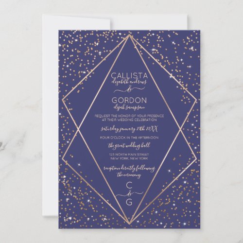 Navy Gold Glitter Confetti Terrarium Wedding Invitation