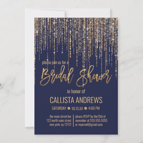 Navy Gold Glitter Fringe Curtain Bridal Shower Invitation