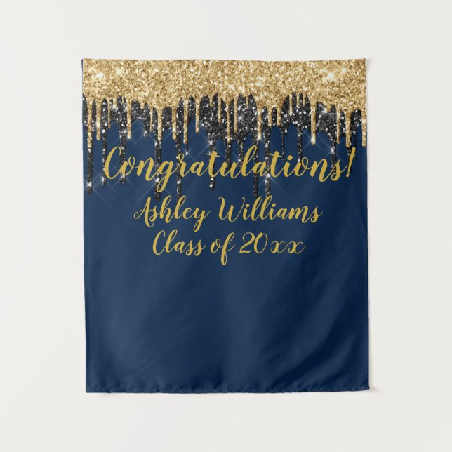 Navy Gold Glitter Graduation Party Photo Booth Tapestry (Front)