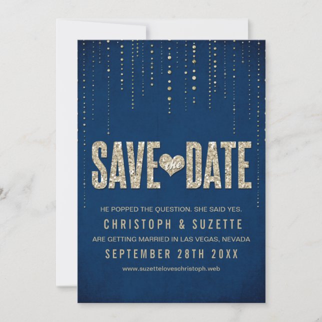 Navy & Gold Glitter Look Save The Dates Date (Front)
