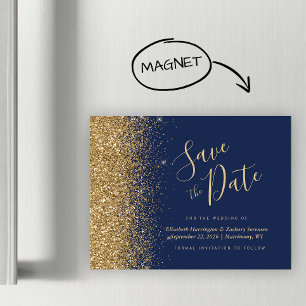 Navy Gold Glitter Magnetic Wedding Save the Date