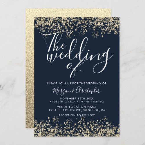 Navy  Gold Glitter Modern Wedding Invitation