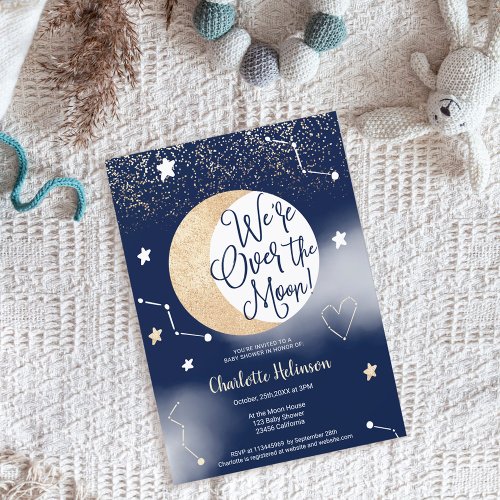Navy gold glitter over the moon cool baby shower invitation