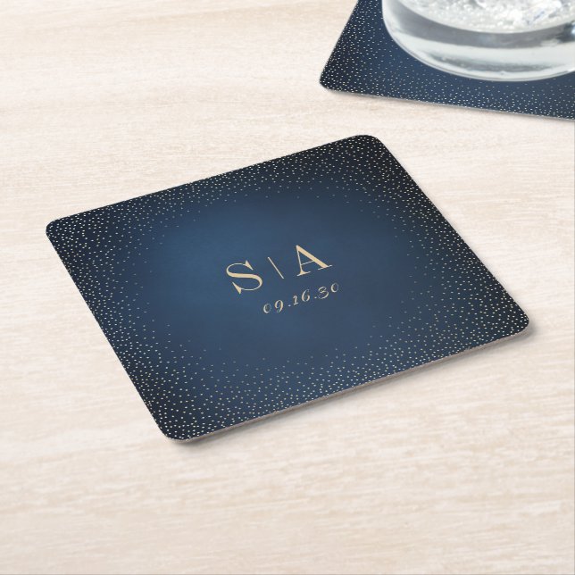 Navy & Gold Glitter Sophisticated Monogram Wedding Square Paper Coaster (Angled)