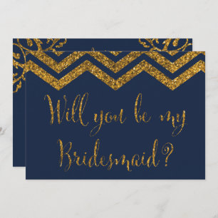 Navy & Gold Glitter Will You Be My Bridesmaid? Invitation