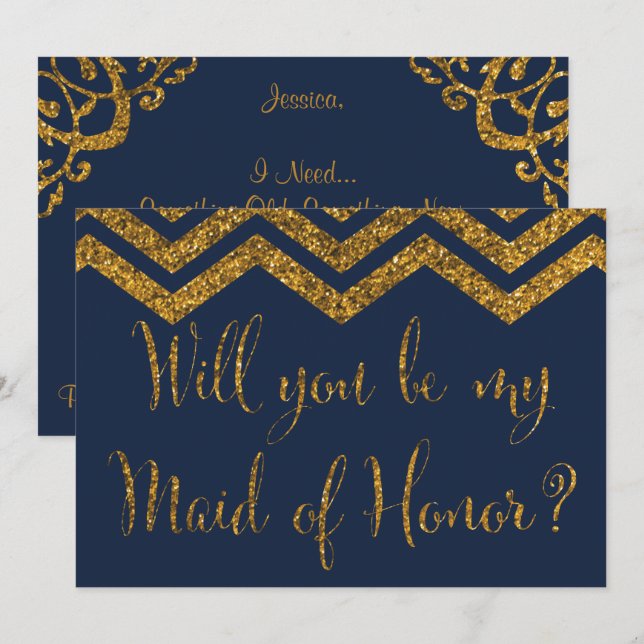Navy & Gold Glitter Will You Be My Maid Of Honor? Invitation (Front/Back)