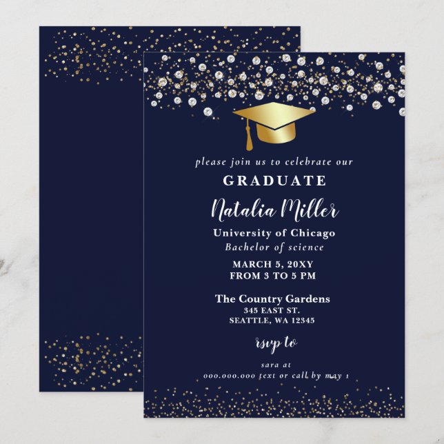 Navy Gold Grad Hat Glitter Rhinestone Graduation Invitation (Front/Back)