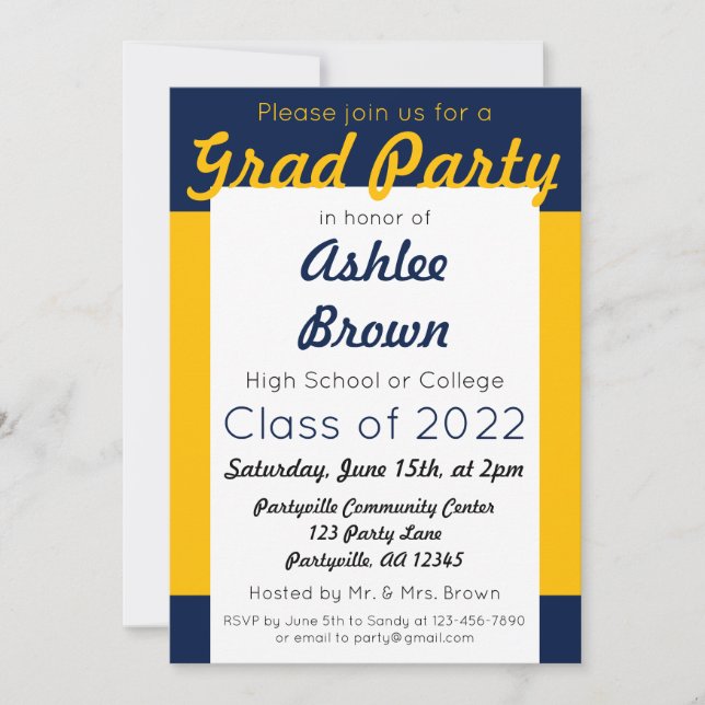 Navy Gold Grad Party Bold Graduation Invitation (Front)