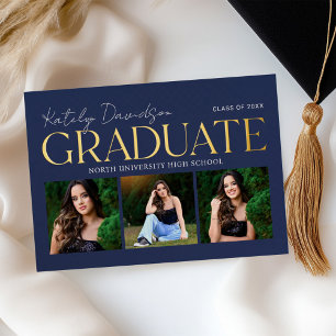 Navy Gold Graduate Photo Collage Grad Party Foil Invitation