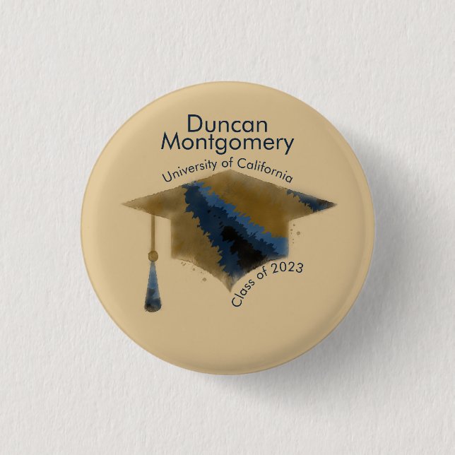 Navy Gold Graduation Cap Mortarboard Button (Front)