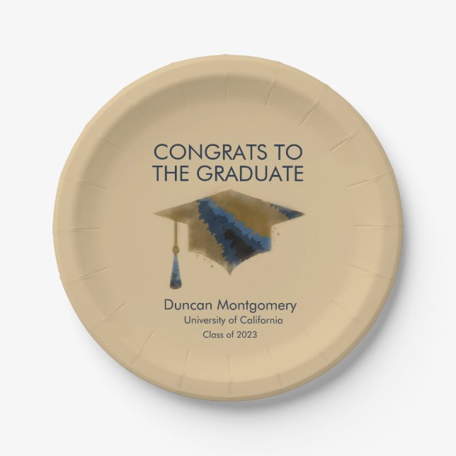 Navy Gold Graduation Cap Mortarboard  Paper Plates (Front)