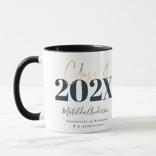 navy gold graduation elegant script modern mug