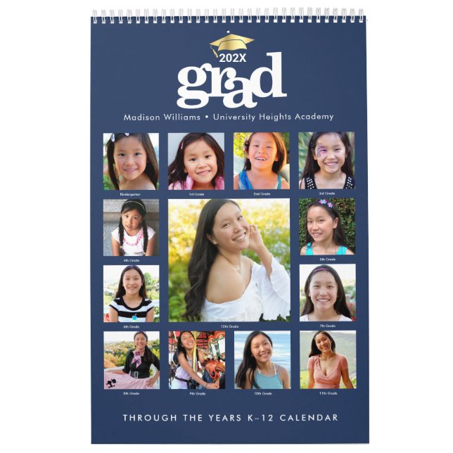 Navy Gold Graduation K–12 Photo Collage 15 Month Calendar (Cover)