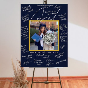 Navy Gold Graduation Photo Signature Board Elegant