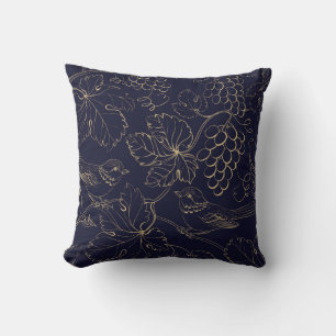 Navy & gold grape berries leaves throw pillow