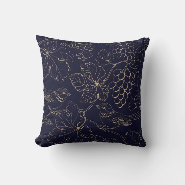 Navy & gold grape berries leaves throw pillow (Front)