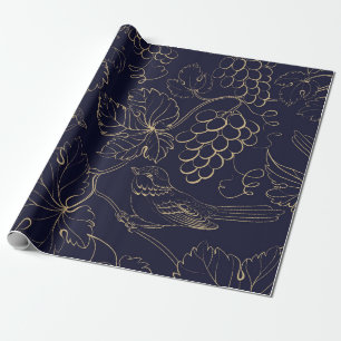 Navy & gold grape berries leaves wrapping paper