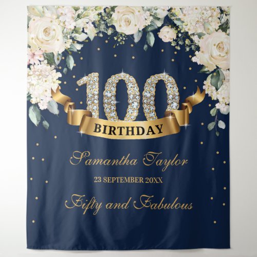 Navy Gold Greenery Floral 100th birthday backdrop