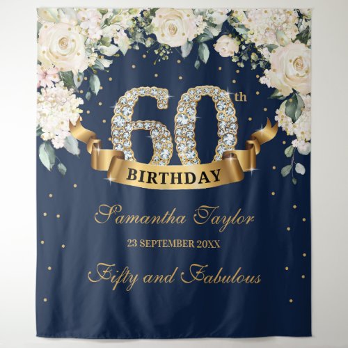 Navy Gold Greenery Floral 60th birthday backdrop