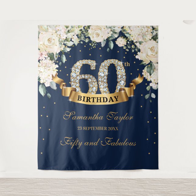 Navy Gold Greenery Floral 60th birthday backdrop (Front)