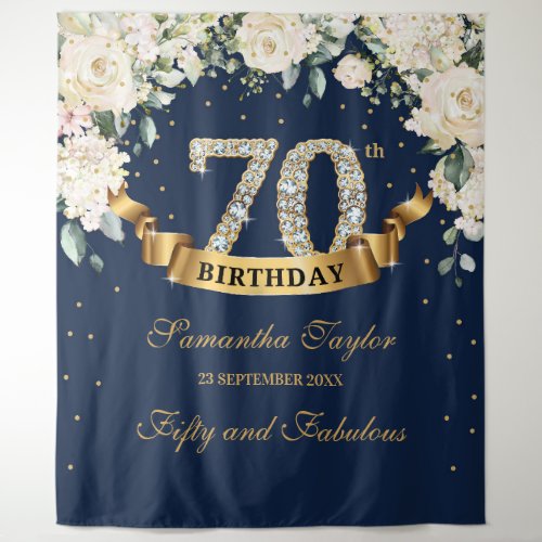 Navy Gold Greenery Floral 70th birthday backdrop