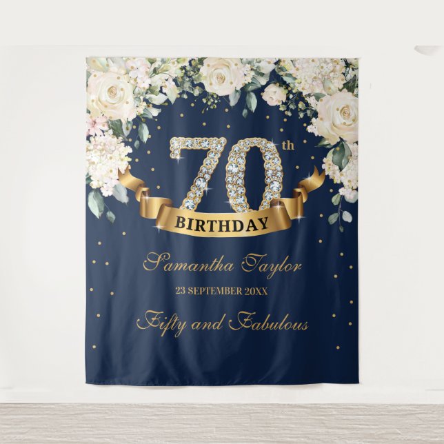 Navy Gold Greenery Floral 70th birthday backdrop (Front)