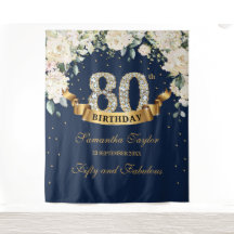 Navy Gold Greenery Floral 80th birthday backdrop