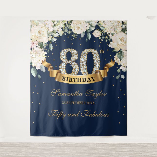 Navy Gold Greenery Floral 80th birthday backdrop (Front)
