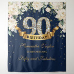 Navy Gold Greenery Floral 90th birthday backdrop<br><div class="desc">Navy Gold Greenery Floral 90th birthday backdrop tapestry,  Contact me for matching items or for customization,  Blush Roses ©</div>