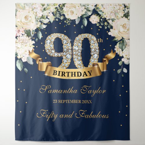 Navy Gold Greenery Floral 90th birthday backdrop