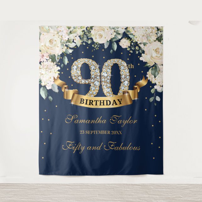Navy Gold Greenery Floral 90th birthday backdrop (Front)