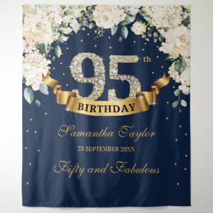 Navy Gold Greenery Floral 95th birthday backdrop