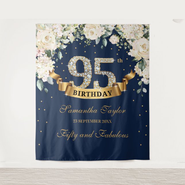 Navy Gold Greenery Floral 95th birthday backdrop (Front)