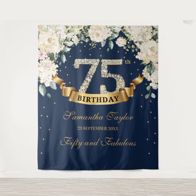 Navy Gold Greenery White Flowers 75th birthday  Tapestry (Front)