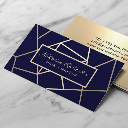 Navy  Gold Hair Stylist Beauty Salon Geometric Business Card