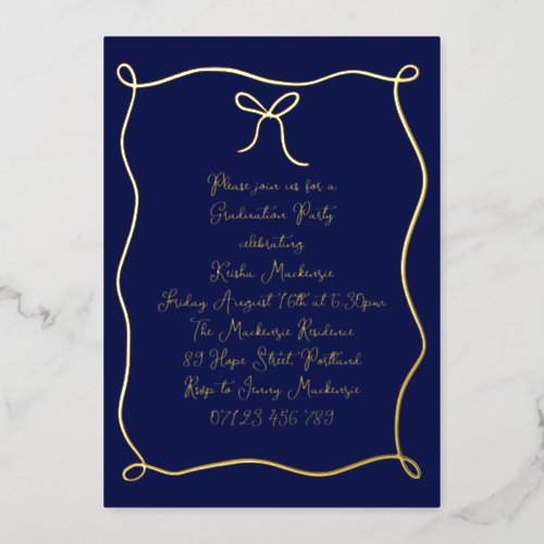 Navy  Gold Hand Drawn Bow Photo Graduation Party Foil Invitation