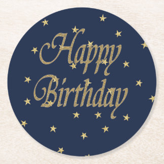 Navy Gold  Happy Birthday Round Paper Coaster
