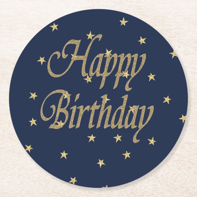 Navy Gold  Happy Birthday Round Paper Coaster (Front)