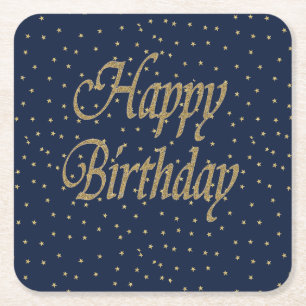 Navy Gold  Happy Birthday Square Paper Coaster