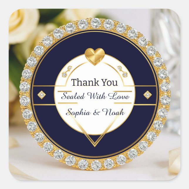 ✨ Navy Gold Heart Diamond Wedding Keepsake ✨ Square Sticker (Front)