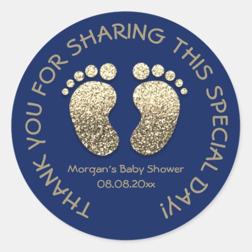 Navy Gold Heart Feet Baby Shower Favor Thank You Classic Round Sticker