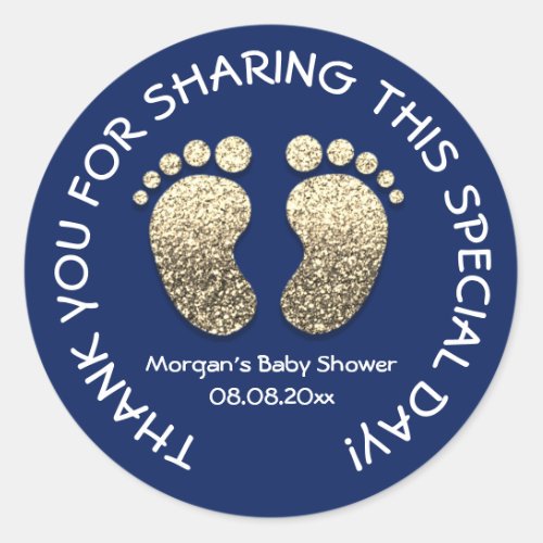 Navy Gold Heart Feet Baby Shower Favor Thanks Classic Round Sticker