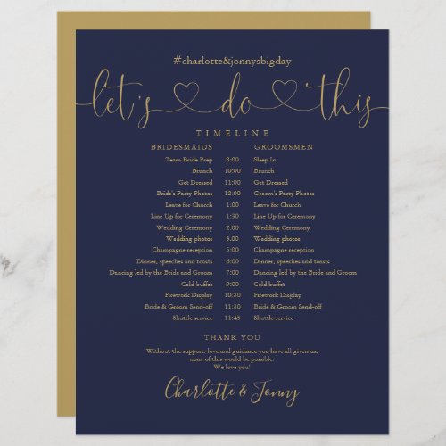 Navy Gold Heart Script Wedding Schedule Timeline