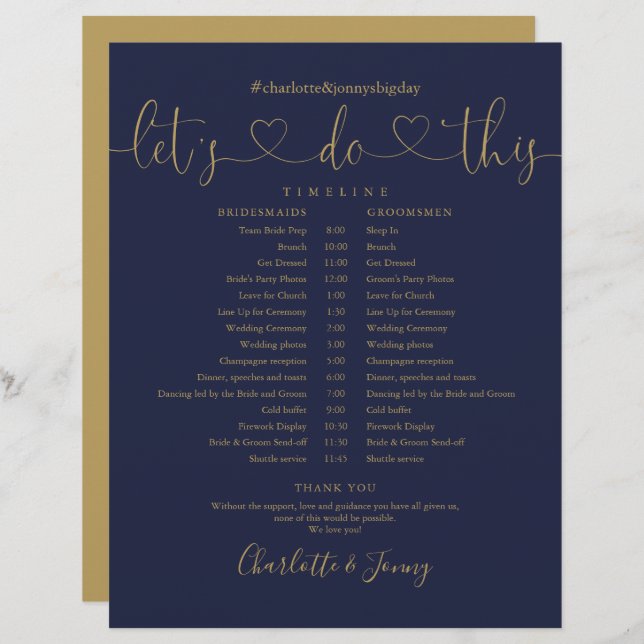 Navy Gold Heart Script Wedding Schedule Timeline (Front/Back)