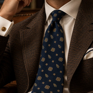 Navy Gold Heritage Floral Lattice Neck Tie