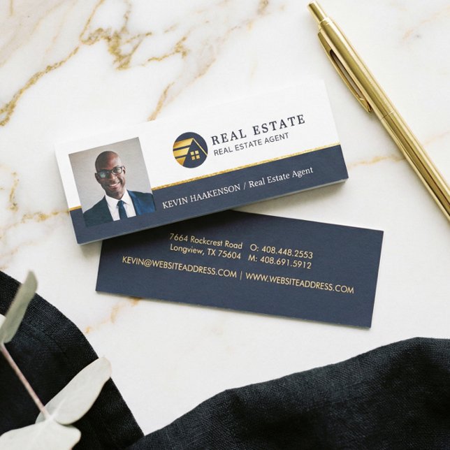 Navy Gold Home Logo Elegant Real Estate Agent Mini Business Card (Navy Gold Home Logo Elegant Real Estate Agent Mini Business Card)