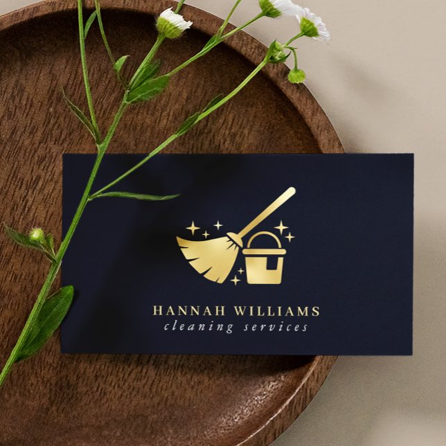 Navy & Gold House Cleaning Services  Business Card (Creator Uploaded)