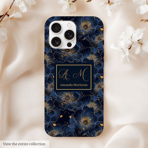 Navy Gold iPhone Case Lux Monogram Floral Accent