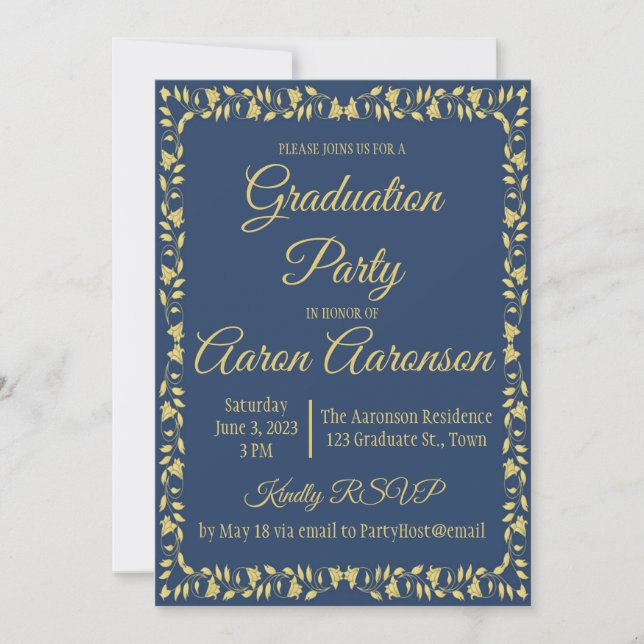 Navy & Gold Ivy Border Graduation Photo Invitation (Front)