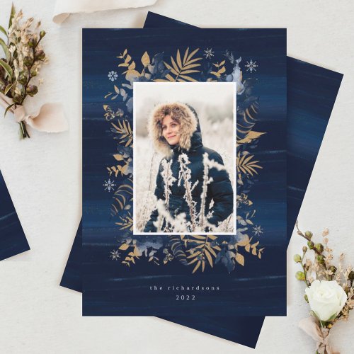 Navy  Gold Jewels Feathers  Foliage Photo Wreath Holiday Card